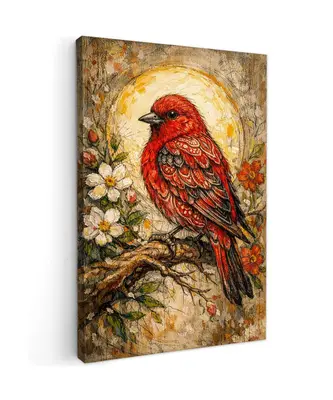 Canvas Schilderij Rode Vogel met Bloemen bij Online-Schilderij