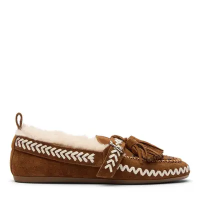 Cognac suède faux fur loafers bij Sacha