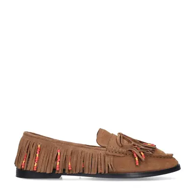 Cognac suède loafers met franjes bij Sacha