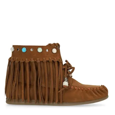 Cognac suède veterschoenen met franjes bij Sacha