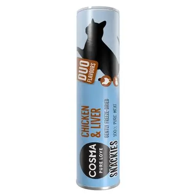 Cosma snackies DUO 2 in 1 - Gevriesdroogde Kattensnacks Kippenborst & Kiplever (28 g) bij Bitiba