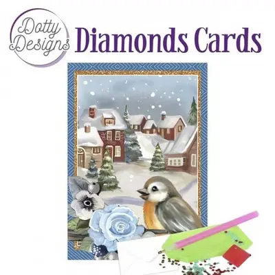Diamond Painting Kerstkaart Bird in a snowy Christmas village bij Art en Hobby