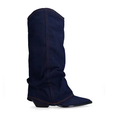 Donkerblauwe denim cowboylaarzen met flap bij Sacha