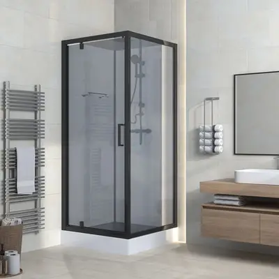Douchecabine SaniSupreme® AquaPlus compleet- draaideur- 90X225X90cm- omkeerbaar mat zwart rookglas bij SaniSupreme