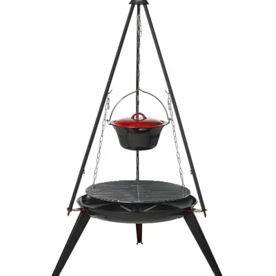 Driepoot grillrooster met hoge vuurschaal en 6 liter pan bij Buitenkookproducten
