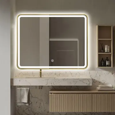 FENOMÉ Oslo design condensvrije LED organische Badkamerspiegel dimbaar met Anti-Condens en verwarming (mat goud) bij DoucheKampioen