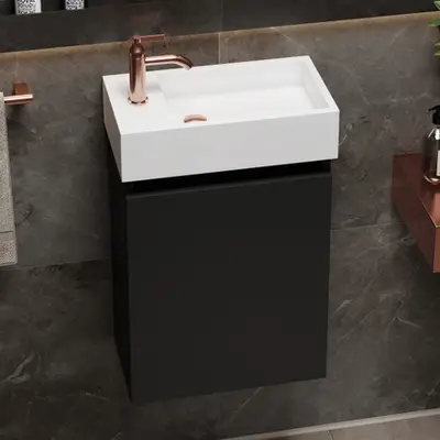 Fontana Alaska toiletmeubel mat zwart 40x22cm met solid surface fontein links bij Sanitairkamer