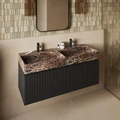 Fontana Dark Emperador badmeubel 120cm mat zwart met ribbelfront met kraangaten bij Sanitairkamer