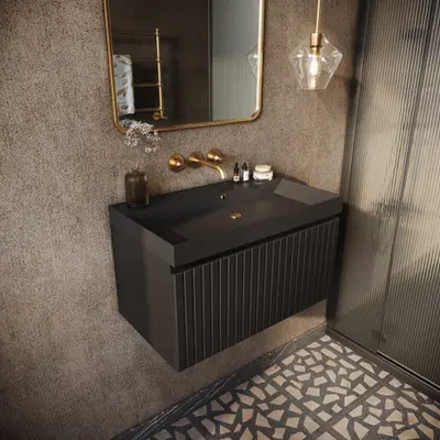 Fontana Milo badmeubel 80cm ribbelfront mat zwart met zwarte wastafel 0 kraangaten bij Sanitairkamer