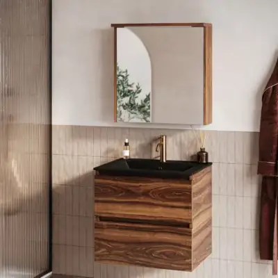 Fontana Rovigo badmeubel 60cm walnoot met zwarte wastafel met kraangat en spiegelkast met verlichting bij Sanitairkamer