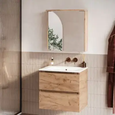 Fontana Rovigo badmeubel 60cm warm eiken met witte wastafel zonder kraangat en spiegelkast met verlichting bij Sanitairkamer