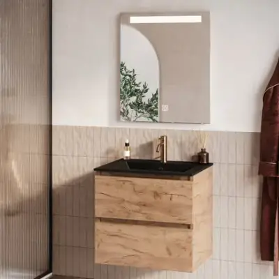 Fontana Rovigo badmeubel 60cm warm eiken met zwarte wastafel met kraangat en spiegel met verlichting bij Sanitairkamer