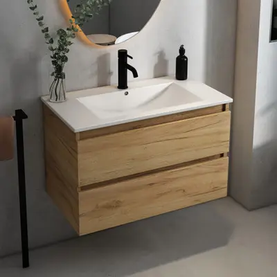 Fontana Rovigo badmeubel 80cm met witte wastafel en kraangat warm eiken bij Sanitairkamer
