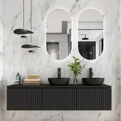 Fontana Stripe zwart badmeubel ribbelfront 180cm met zwarte waskommen bij Sanitairkamer