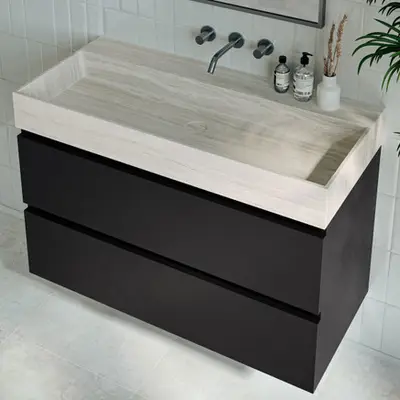 Fontana White Travertin badkamermeubel mat zwart 100cm zonder kraangat bij Sanitairkamer