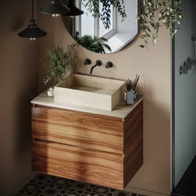 Fontana White Travertin walnoot wastafelmeubel 80cm met toppaneel en rechthoekige waskom bij Sanitairkamer