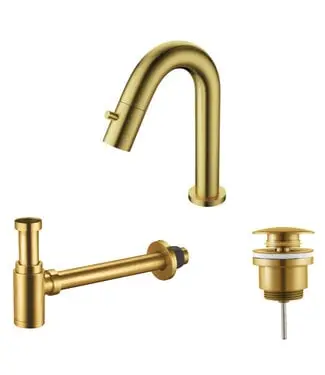 Fonteinkraan set Mila geborsteld Goud Toiletkraan + Sifon + Clickwaste bij Sani4Comfort