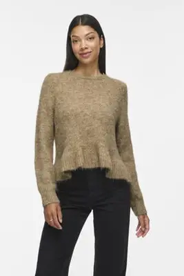 gebreide gemêleerde trui met peplum en wol - lichtbruin bij Wehkamp