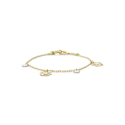 Geelgouden bedelarmband bloem en disks met witgouden details B137-60337-Z-YW bij Siebel Juweliers