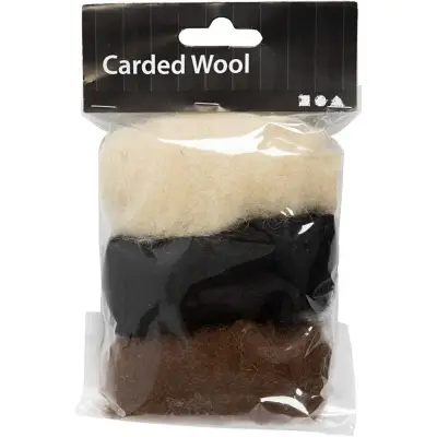 Gekaarde wol voor naaldvilten 3x10gr - zwart wit bruin bij Creaknutselen