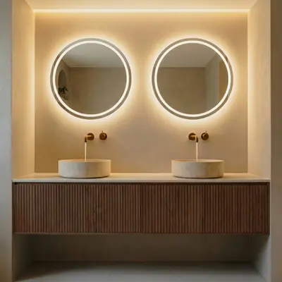 Gliss Design Travertin badmeubel 120cm walnut ribbelfront met waskommen en toppaneel bij Sanitairkamer