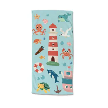 Good Morning strandlaken zeedieren - 75x150 cm - Aqua - Badstof bij Leen Bakker