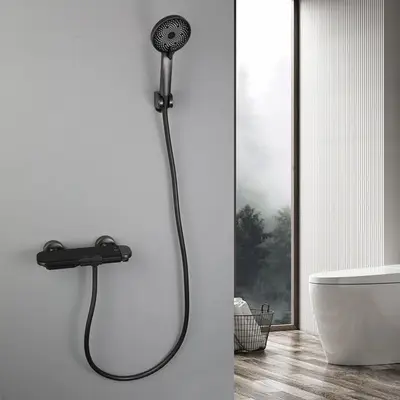 Gun metal thermostatische badkraan met handdouche (3 standen) bij Badkranenwinkel