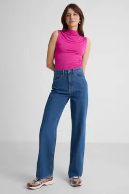 high waist loose wide leg jeans mid blue bij Wehkamp