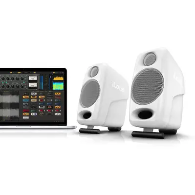 IK-Multimedia iLoud Micro Monitor White Ultra-compact, hoogwaardige referentiemonitors voor studio (paar) - 50W - Ingangen: Line (RCA & TRS 3,5mm), Bluetooth, Wit bij Westerhaven Muziek (Groningen)