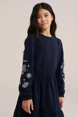 korte jurk met borduursels - donkerblauw bij Wehkamp