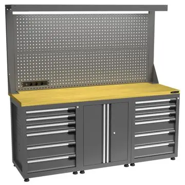 Kraftmeister Pro werkbank met gereedschapswand 12 lades 2 deuren MDF 200 cm grijs bij George at Work