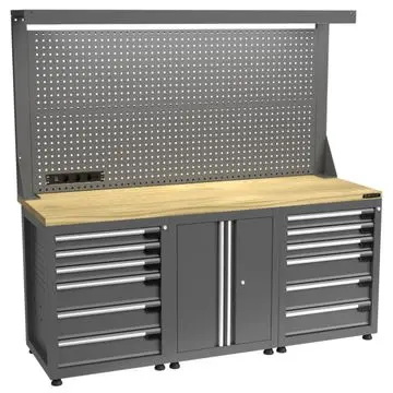 Kraftmeister Pro werkbank met gereedschapswand 12 lades 2 deuren eiken 200 cm grijs bij George at Work