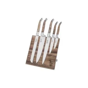 Laguiole Style de Vie Koksmessenset 5-delig in Olijfhout met Magnetisch Messenblok van Acacia bij Messen.nl