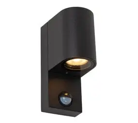 Lucide ZARO - Wandspot / Wandlamp Binnen/Buiten - 1xGU10 (MR16) - IP65 - Beweging & dag/nacht sensor (uitschakelbaar) - Zwart bij Lamponline