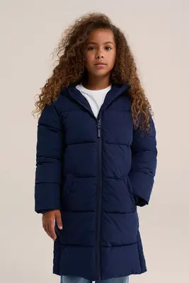 Meisjes gewatteerde lange jas met capuchon bij WE Fashion
