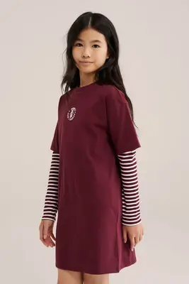 Meisjes T-shirt jurk met print en dubbele mouw bij WE Fashion