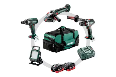 Metabo 685209000 Combo Set 4.3.2 LiHD 18V 10.0Ah - BS18LTX BL I Battery Drill + WB18LT BL Grinder + SSW18LTX400 BL Impact Wrench + BSA18 Lamp 685209000 bij Toolnation