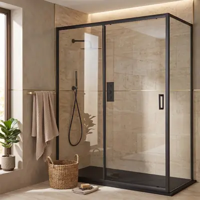 Mueller Manhattan douchecabine 100x80cm met schuifdeur en anti-kalk zwart mat bij Sanitairkamer