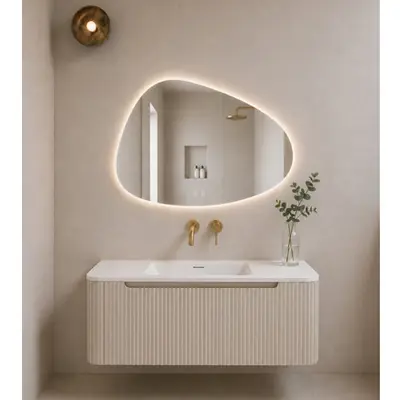 Mueller Rounda badkamermeubel beige mat geribbeld met afgeronde hoeken 120cm en witte wastafel zonder kraangat bij Sanitairkamer