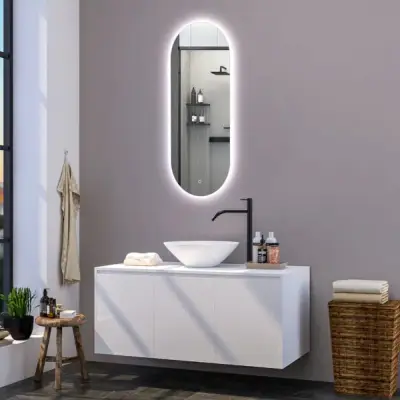 Ovale badkamerspiegel Matteo zonder lijst met verwarming, LED verlichting en touch sensor 100x40cm bij Voordelig Design Sanitair