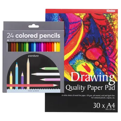 Panduro tekenset - 24 kleurpotloden + blok A4 papier bij Pipoos