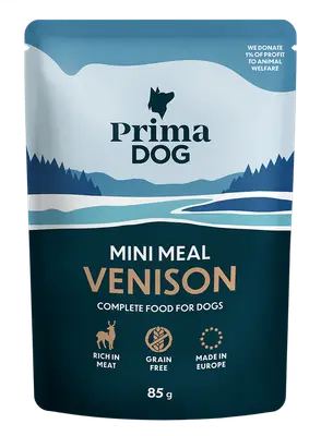 PrimaDog Hondenvoer Mini Meal Hert 85 gram - natvoer voor honden bij Prima Diervoeding