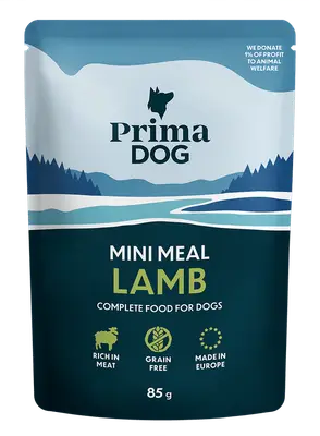 PrimaDog Hondenvoer Mini Meal lam 85 gram - natvoer voor honden bij Prima Diervoeding