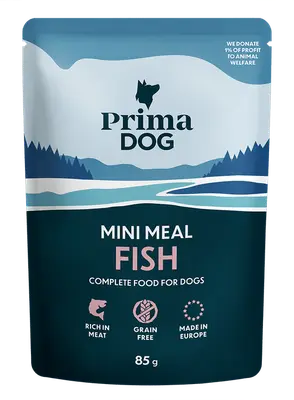 PrimaDog Hondenvoer Mini Meal vis 85 gram - natvoer voor honden bij Prima Diervoeding