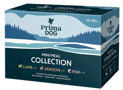 PrimaDog natvoer assortiment voor kleine honden lam, vis en hert 12 x 85 gram - hondenvoer bij Prima Diervoeding