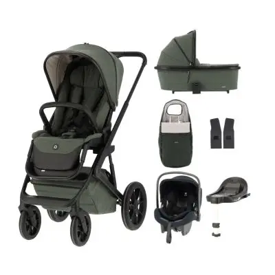 Qute Q-Rider Plus Kinderwagen - Thyme Green | Kidsriver Curve Autostoel - Black | Kidsriver Isofix Base bij Baby-Dump