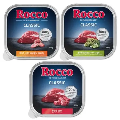 Rocco Classic Hondenvoer 9 x 300 g Gemengd pakket I: Rund puur, magen en kippenharten bij Bitiba