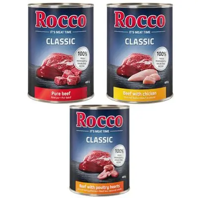 Rocco Classic Probeermix 6 x 400 g Hondenvoer Topseller Mix: Puur Rund, Rund/Gevogeltehart, Rund/Kip bij Bitiba