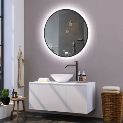 Ronde badkamerspiegel Mauri mat zwart met verwarming, LED verlichting en touch sensor 60x60cm bij Voordelig Design Sanitair