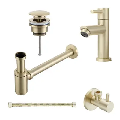 Saniclear Brass fonteinkraan set geborsteld messing met kraan, sifon, afvoerplug, hoekstopkraan en aansluitslang bij Sanitairkamer
